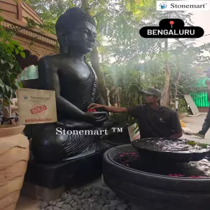 Sold To Atmos Constructions, Bengaluru, Karnataka - Hand Carved 183 Cm Life Size Black Buddha Sculpture For Outdoor Decor