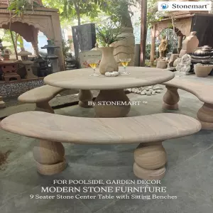 Natural Stone Benches With Round Center Table For Poolside