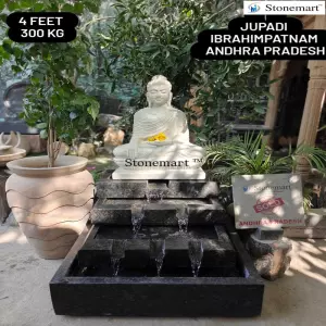 Sold To Ibrahimpatnam, Andhra Pradesh - White Marble Buddha Statue With Modern Cascading Granite Fountain