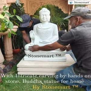 Sold To Delhi - Intricately Carved White Marble Stone Garden Buddha Sculpture In Abhaya Mudra