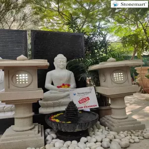 Sold To Saharanpur, Uttar Pradesh 5 Feet Granite Fountain With 3 Feet Marble Buddha Idol, 2 Stone Lanterns, And Urli