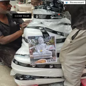3 Feet White Marble Buddha Statue Getting Packed For Shipment To Mysuru, Karnataka