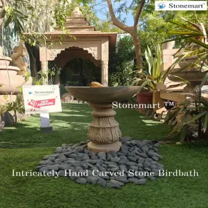 Intricately Hand Carved Stone Bird Bath Fountain With Small Rock For Birds To Sit