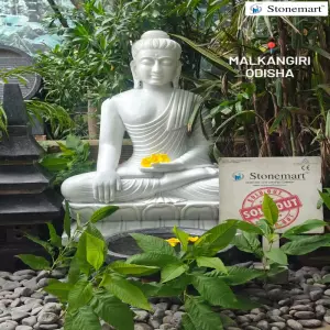 Sold To Malkangiri, Odisha - Hand Carved 36 Inch White Marble Buddha Idol For Home And Garden