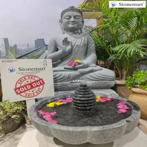 Sold To Mukerian, Punjab 3 Feet Grey Marble Buddha Idol With Urli Fountain