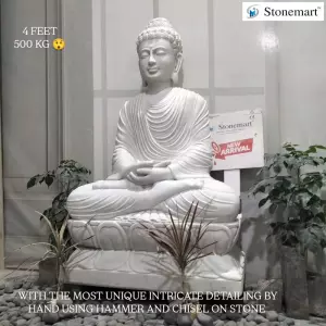Available - 4 Feet Dhyana Mudra Marble Buddha Statue With Intricate Detailing