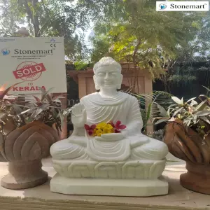 Sold To Alleppey Dist, Kerala 2 Feet Abhaya Mudra White Marble Buddha Idol For Interior Decor