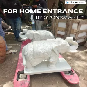 2 Feet White Marble Carved Elephant Sculptures For Hotel, Resort, Farmhouse Entrances