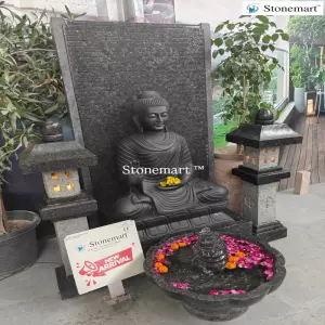 Available - Hand Carved 5 Feet Stone Buddha Fountain With Lanterns And Urli Water Feature