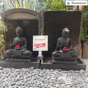 Available - Handcrafted 99Cm Granite Panel Fountains With 61Cm Black Marble Buddha Statues For Luxury Decor