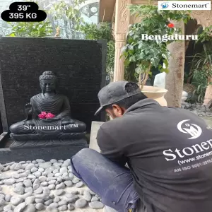 Sold To Bangalore, Karnataka - Serene 99Cm Granite Panel Waterfall And 61Cm Marble Buddha Idol For Home And Garden Decor