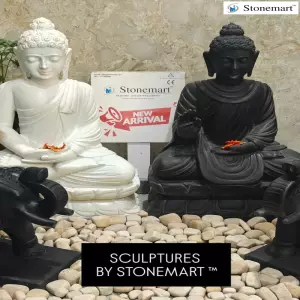 Available - 2.5 Feet Marble Buddha Statues With A Pair Of 18 Inch Elephant Sculptures