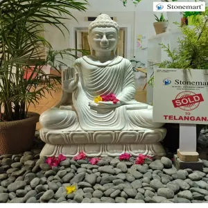 Sold To Nalgonda, Telangana 3 Feet White Marble Abhaya Mudra Buddha Statue For Interior Design