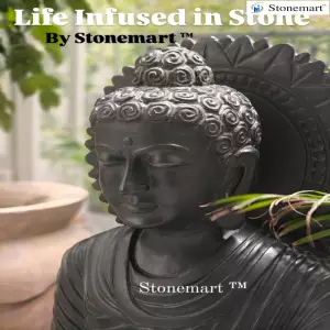 Available - 36 Inch Black Marble Halo Buddha Sculpture For Indoor And Outdoor