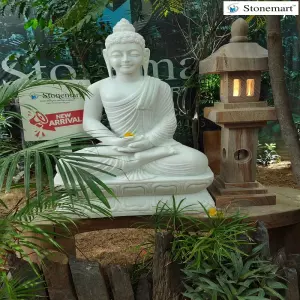 3 Feet Dhyana Mudra Garden Buddha Statue In White Marble With Sandstone Japanese Lantern