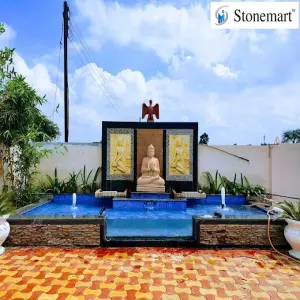 Sold To Lotus Garden & Celebration, Nagpur - 5Ft Hand Carved Stone Buddha Idol With Stone Panel Fountain And Stone Hawk Sculpture