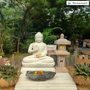Sold To Bengaluru, Karnataka 3 Feet Blessing Buddha Statue With Rock Urli And Stone Japanese Pagoda Lamp