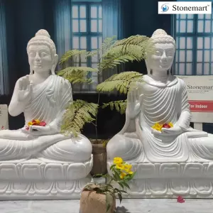 Available 3 Feet Hand Carved White Marble Abhaya Mudra And Vitarka Mudra Buddha Statue
