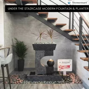 34 Inch Hand Carved Granite Water Feature With Planter For Modern Decor Spaces