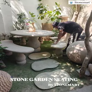 9 Seater Sandstone Center Table With Benches For Garden, Penthouse, Patio, Resort, Farmhouse