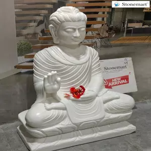 Sold To Dubai, Uae - 3 Feet Abhaya Mudra White Marble Buddha Sculpture