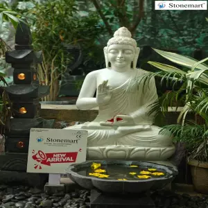 Available - 43 Inch White Marble Buddha Statue With Granite Urli Bowl And Japanese Pagoda Lantern