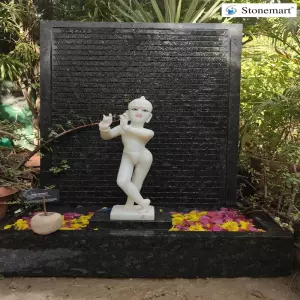 18 Inch White Marble Iskcon Krishna Statue With Granite Fountain
