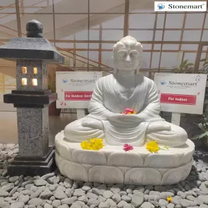 Available 40 Inch, 220 Kg Dhyana Mudra Marble Buddha Statue On Lotus Base With Granite Pagoda Lantern