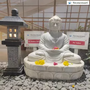 Sold To Chennai, Tamil Nadu 40 Inch, 220 Kg Dhyana Mudra Marble Buddha Statue On Lotus Base With Granite Pagoda Lantern