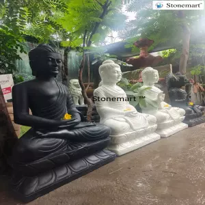 Available - 36 Inch Hand Carved Gautam Buddha Idols In Black And White Marble Stone For Indoor And Outdoor
