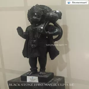 Black Marble Stone Lord Hanuman Statue In Standing Posture With Granite Pedestal Stand