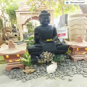 Available - 4 Feet Life Size Black Stone Buddha Idol With Sandstone Lanterns