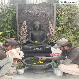 Available - 5 Feet Granite Fountain With 3 Feet Marble Buddha Idol, Granite Urli And 2 Feet Marble Elephant