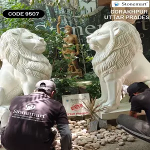 Sold To Gorakhpur, Uttar Pradesh - Pair Of 4 Feet Majestic Marble Lion Sculptures For Entrances
