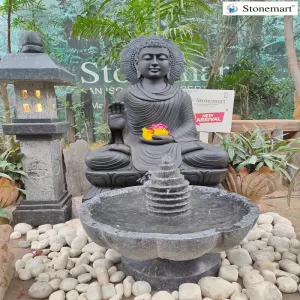 Sold To Hyderabad, Telangana 3 Feet Abhaya Mudra Buddha Marble Statue With Halo, Granite Fountain And Lantern