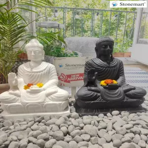 Available 2 Feet Abhaya Mudra Buddha Idols In Black Marble And White Marble For Living Room