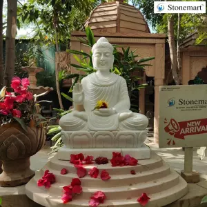 Sold To Navi Mumbai, Maharashtra 2 Feet White Marble Buddha Sculpture With Stone Pedestal For Home And Garden Decor