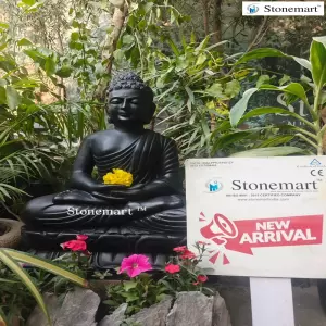 Available - Handcrafted 2 Feet Black Marble Buddha Statue For Home, Balcony, And Garden Decor