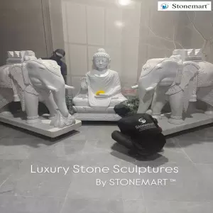 Available - 5 Feet Marble Buddha Statue With 5 Feet Marble Elephant Sculptures
