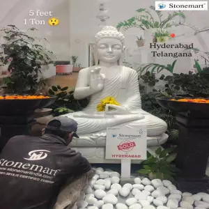 Sold To A Reputed Jewellery Company In Hyderabad, Telangana - 5 Feet Marble Buddha Statue With Pair Of Granite Pedestals And Urlis