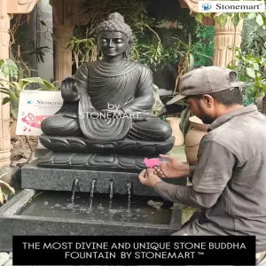 Available - Black Marble Abhaya Mudra Buddha Statue With Granite Fountain