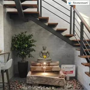 Modern Abstract Stone Sculpture With Cascading Waterfall Fountain For Stair Nook Decor