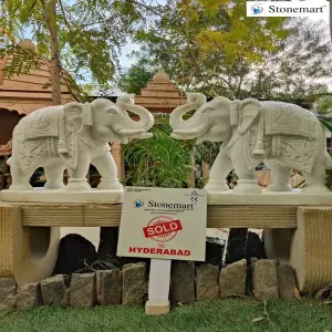 Sold To Hyderabad, Telangana 2 Feet, 300 Kg White Marble Pair Of Elephant Statues For Indoor And Outdoor