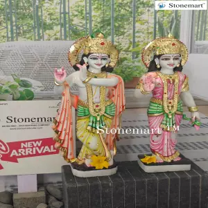 Intricately Carved Radha Krishna Marble Stone Idol For Temple Decor