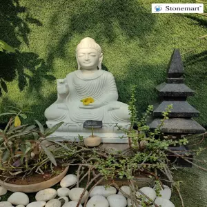 Sold 2 Feet Buddha Statue With Granite Pagoda Lamp