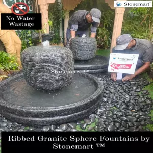 Sold To Tenkasi, Tamil Nadu - 2 Sets Of Handcrafted Ribbed Spherical Granite Fountains For Indoor And Outdoor Spaces