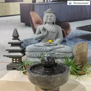 3 Feet Grey Marble Buddha With Granite Fountain
