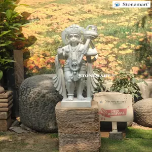 2.5 Feet White Marble Hanuman Statue With Sandstone Pedestal Stand