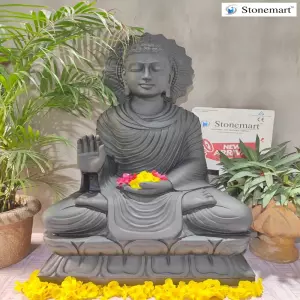 Sold To Hyderabad, Telangana 3 Feet Abhaya Mudra Black Marble Buddha Statue With Halo
