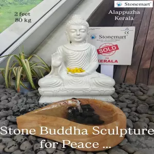 Sold To Alappuzha, Kerala - 2 Feet White Marble Abhaya Mudra Buddha Statue With Sandstone Urli Fountain